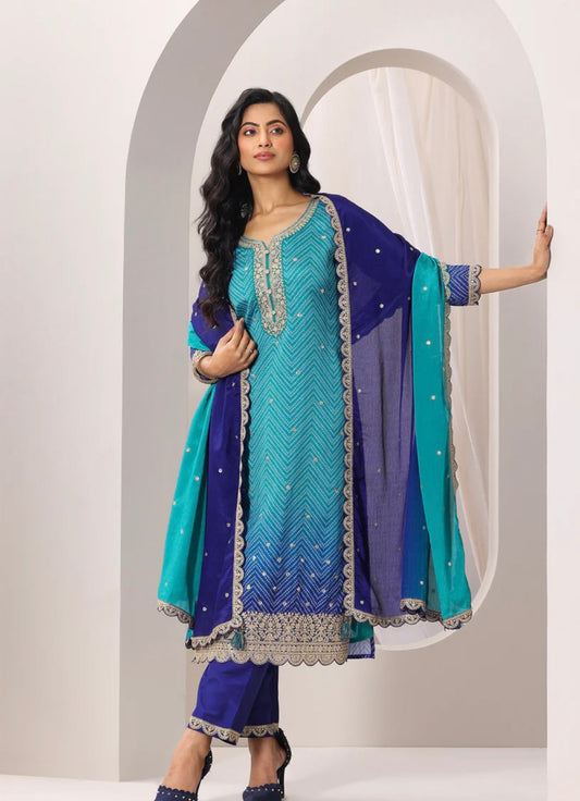 Blue Bandhni Kurti Set